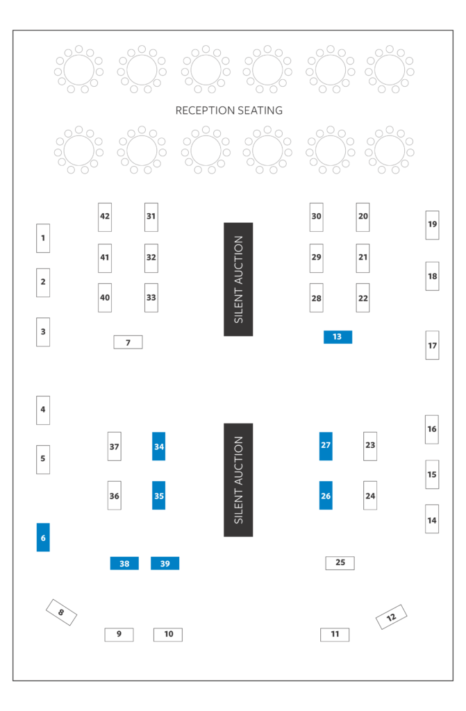 2026HGC_ExhibitHall - Texas Healthcare Trustees Event seating map reception tables at top central silent auction lanes and numbered seats around the edges for attendees