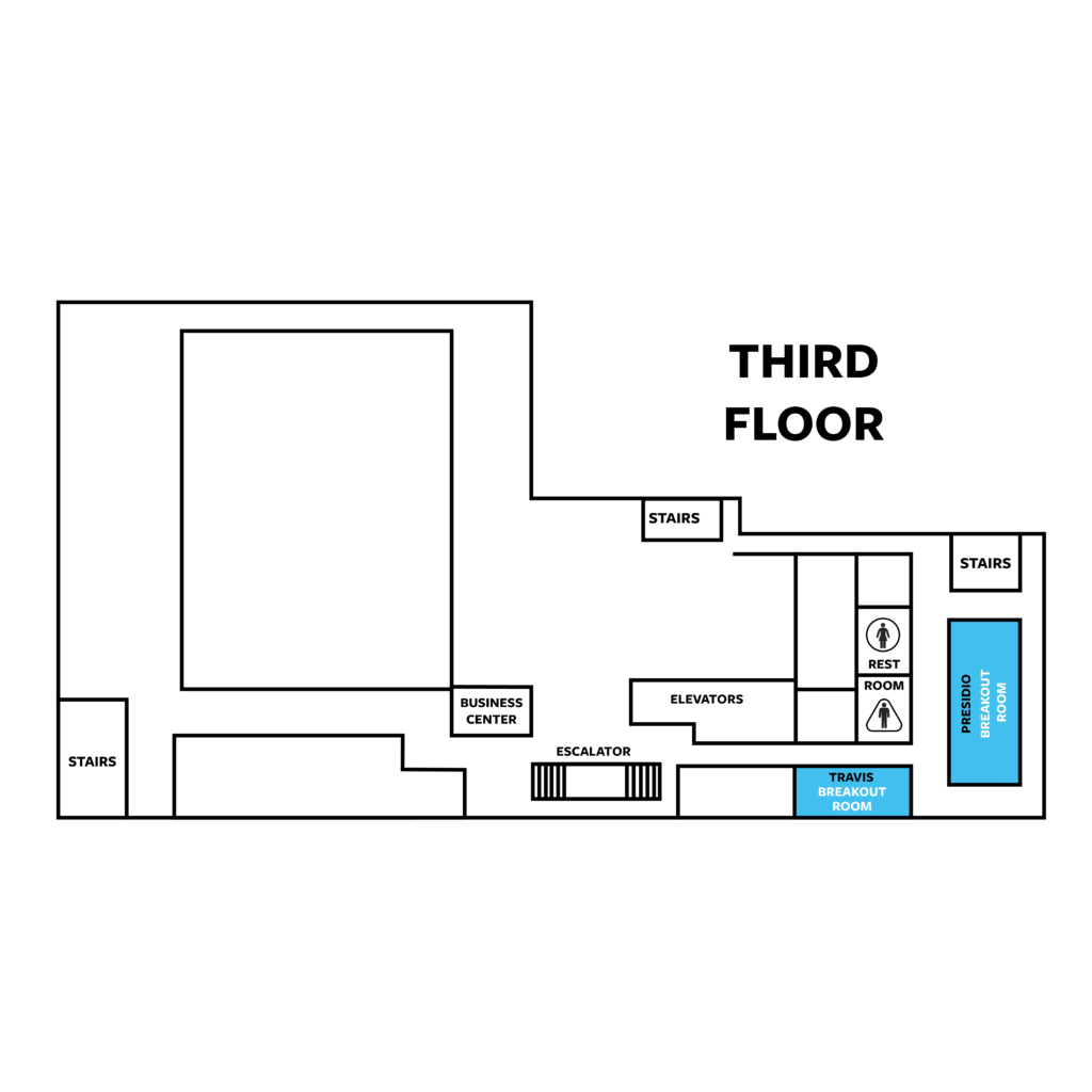 Floor plan showing blue vertical breakout room blocks labeled TRAVIS PRESIDIO and BREAKOUT ROOM on a black background with small person icons indicating entrancespaths