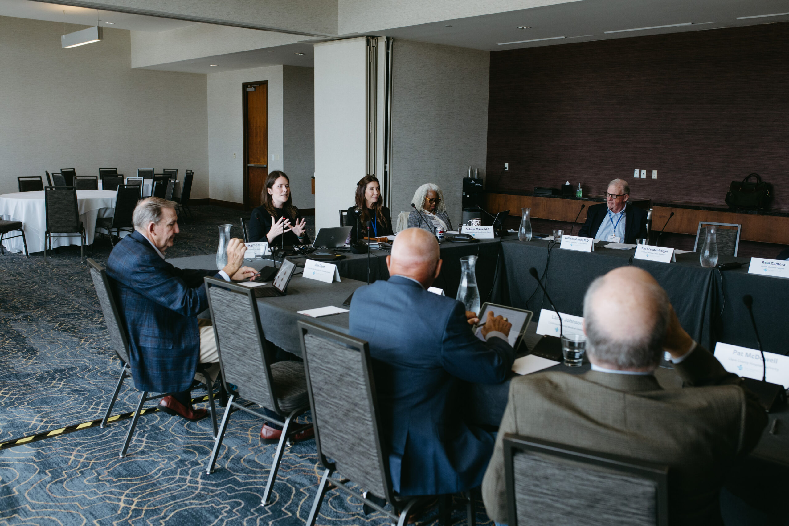 Panel of professionals seated around a long conference table with nameplates and microphones in a meeting room; several laptops and glasses on the table.