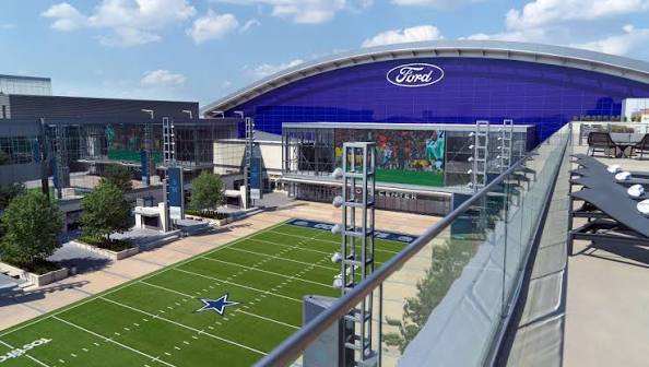 Omni Frisco - Texas Healthcare Trustees Rooftop football field at a Ford dealership green turf with yard lines and a white star logo blue Ford building in the background